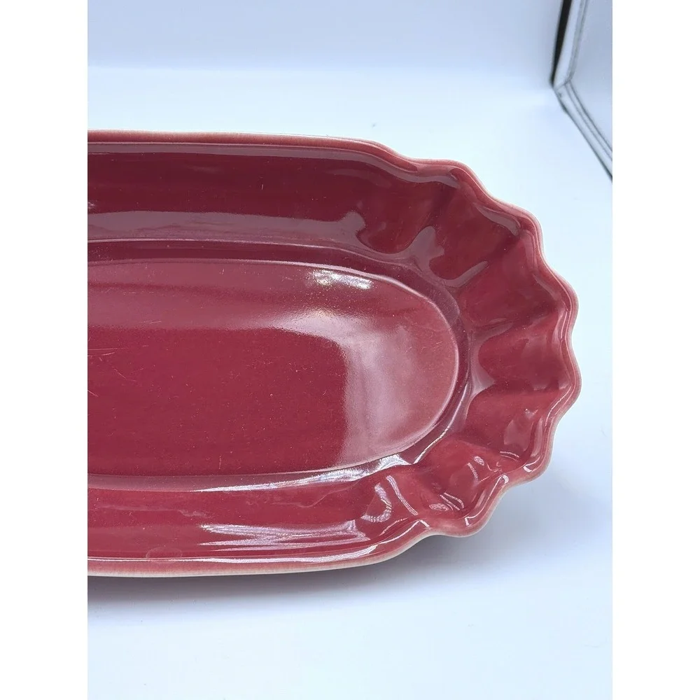 Deltis Stoneware Burgundy Red Scalloped Glazed Oval Serving Bowl Dish Portugal